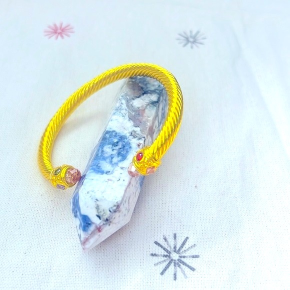 Yellow Twisted Cable Bangle Cuff Bracelet with Crystal Ends - Picture 1 of 7